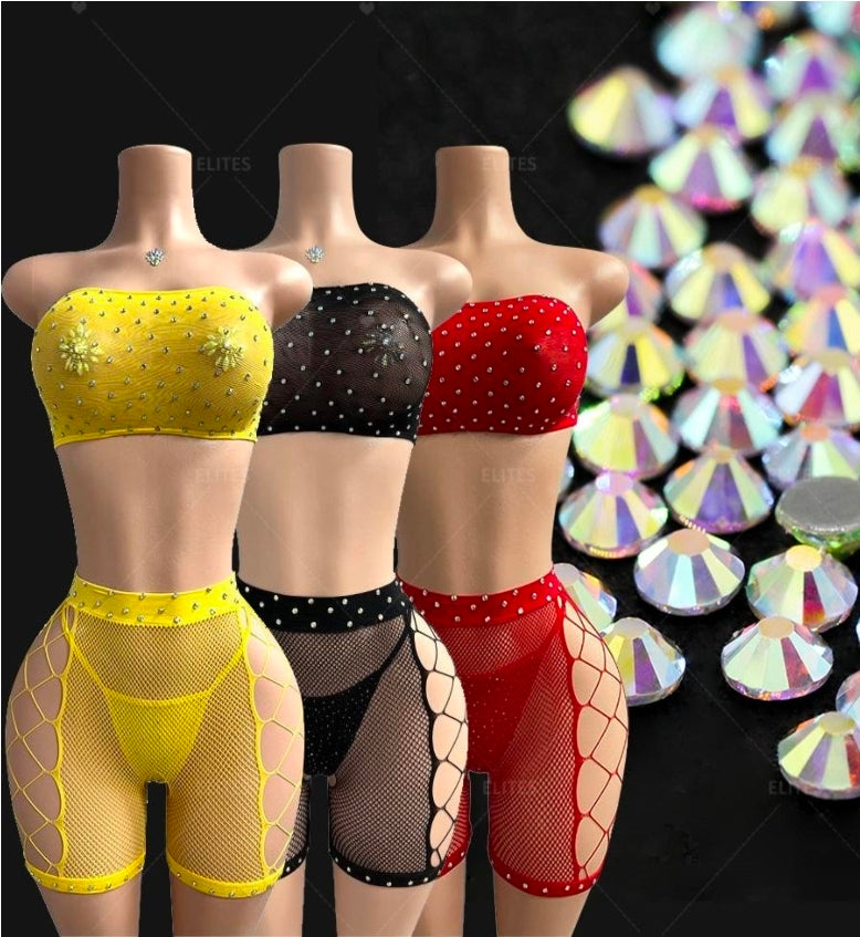 Rhinestone Bandeau Top & Fishnet Shorts Set